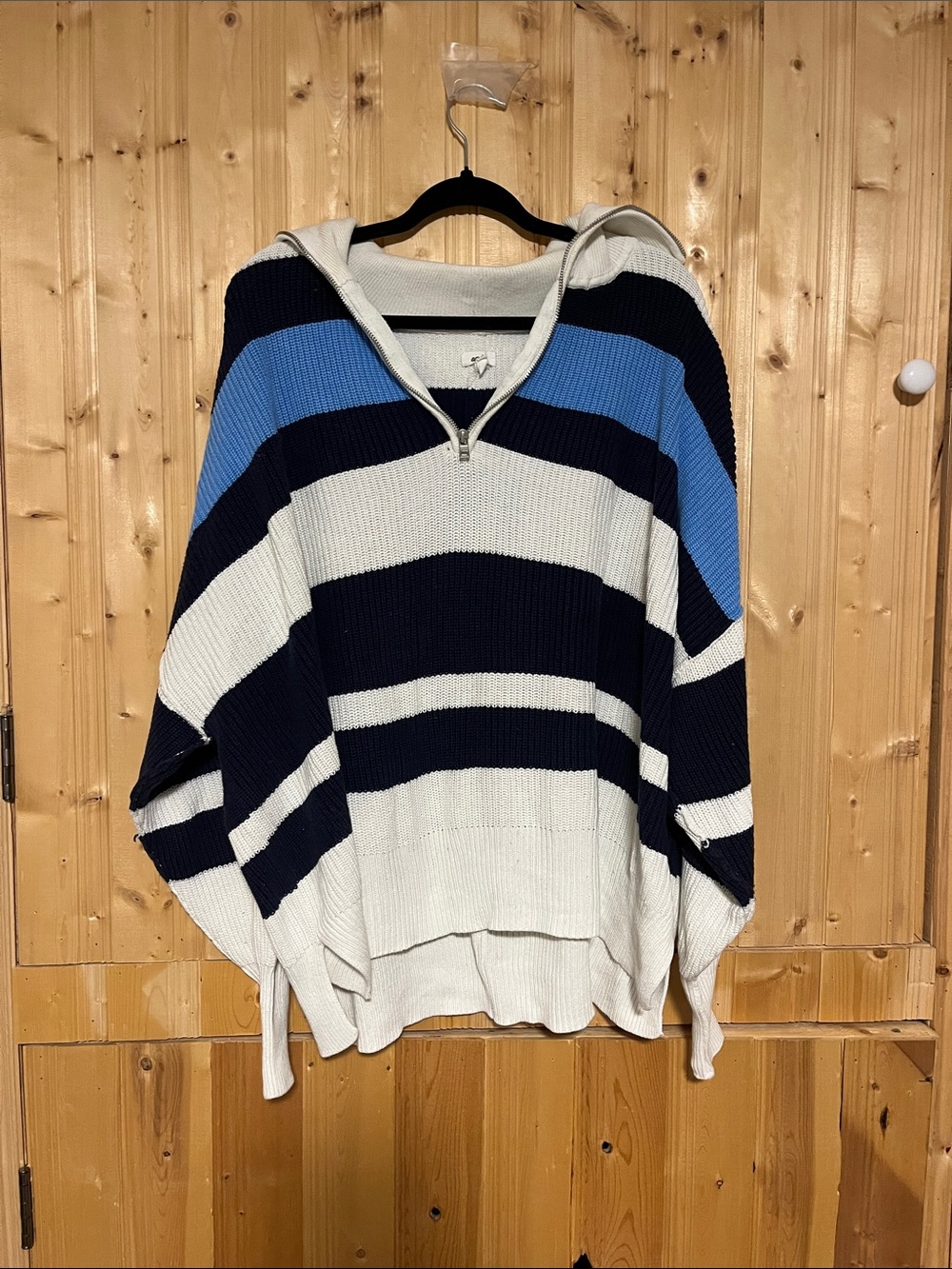 aerie Striped Hooded Quarter-Zip Sweater in Navy, Blue & White